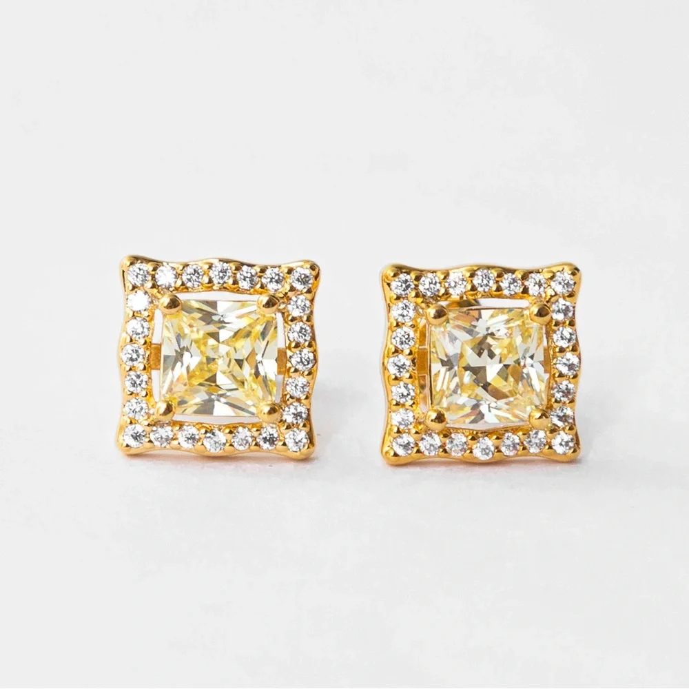 Faux diamond square post earrings gold tone & faux diamond Brilliante
